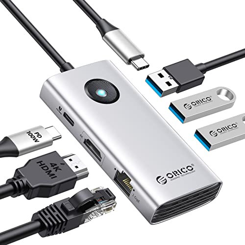 ORICO Docking Station,6 in 1 USB Dongle with HDMI 4K+PD100W+3×USB3.0+Ethernet, USB Hub Multiport Adapter for MacBook/Dell/HP/Surface/Lenovo