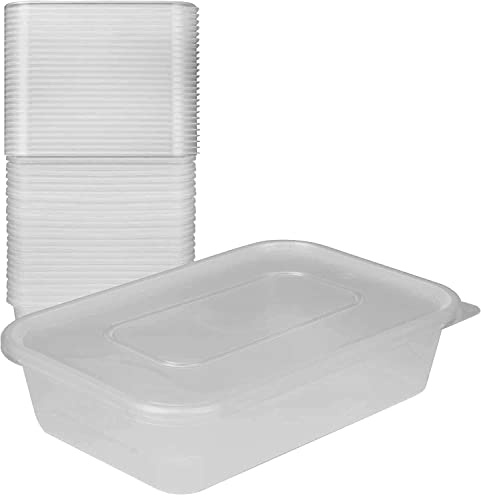 100pcs x Clear Plastic Food Takeaway Containers BPA Free Heavy Duty Plastic Containers with Airtight Lids Reusable Meal Prep Stackable Lunch Boxes Microwave Freezer Safe (500 ML, Rectangular)