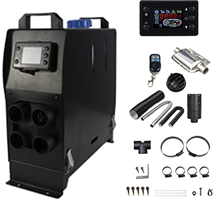 Calefacción de Diesel 12V 5KW Calefacción Estacionaria, Calentador Coche con Silenciador Pantalla LCD y Control Remoto para Coche Furgoneta Automóvil Camiones,Negro,4 Holes