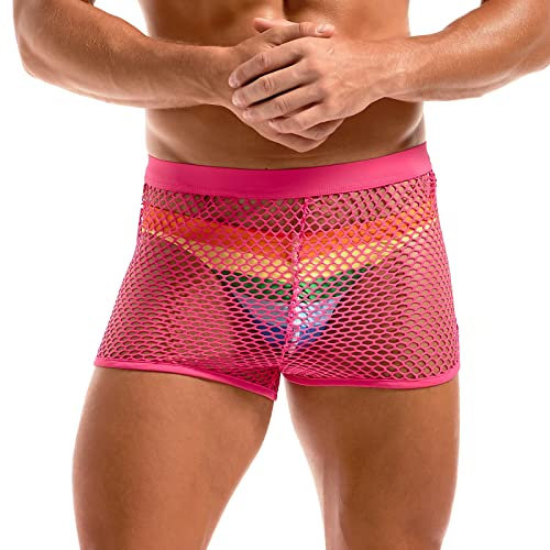 Amy Coulee Boxer a rete da uomo sexy in rete boxer slip a vita bassa, pantaloncini da salotto pigiama intimo, rosa, L