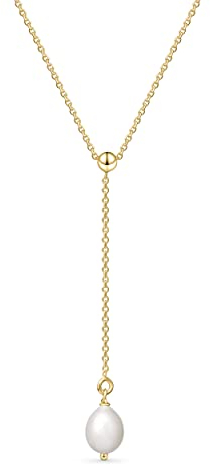 Amberta Frauen 925 Sterling Silber Süßwasser Perlen Halskette: Vergoldete Y-Halskette mit 8-9 mm Perlen-Anhänger