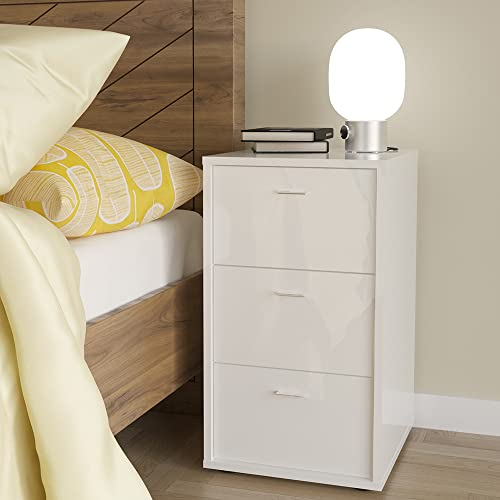 Lomadox Nachttisch Nachtschrank mit 3 Schubladen in Hochglanz weiß, für Boxspringbetten geeignet, B/H/T ca. 35/62,4/39,9 cm