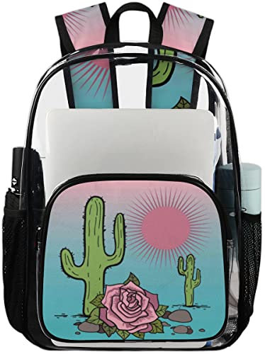 SEEKJOYS Transparenter Rucksack und bedruckte Taschen, interessantes Kaktus-Muster, robuste PVC-Tasche mit Netz-Kaktus-Illustration, farbiger Riemen für Arbeit, Uni, Sport, farblos, L