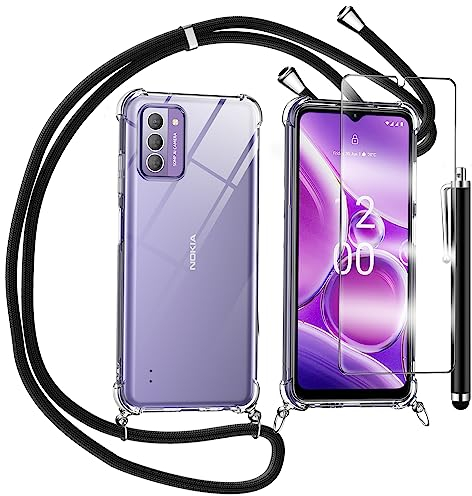 TTSWJBD Handykette für Nokia G42 5g Hülle mit Displayschutzfolie Schutzfolie, Necklace Handyhülle mit Abnehmbar Kordel zum Umhängen Transparent Silikon Schutzhülle mit Band in Schwarz