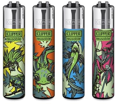 Clipper® Feuerzeuge im Multipack - 4er Set mit coolem Look - Nachhaltig NEU - INKL Gratis Crystal Deko Balls (Animal Weeds)