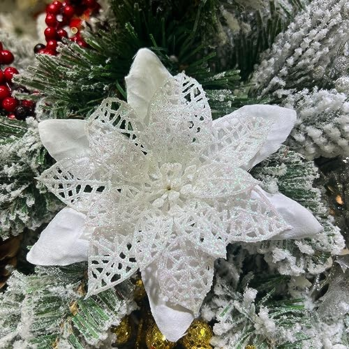 SYSUII 20 Stück Weihnachtsdekoration Blumen, 12cm Weihnachten Glitzer Weihnachtsstern Blumen Kunstblumen Poinsettia Christbaumschmuck für Kranz Weihnachtskranz Geschenkverpackung -Weiß