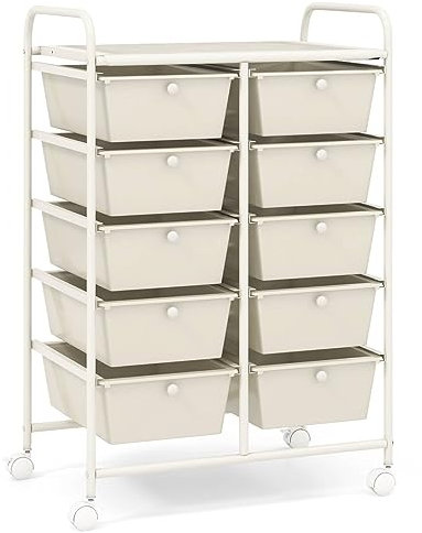 COSTWAY 10 Drawers Storage Cart, Multipurpose Mobile Organizer Shelving Unit with Handle, Removable Drawers & Lockable Wheels, Utility Rolling Trolley for Home Office Beauty (Cream White)
