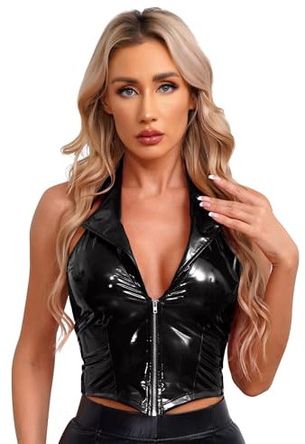 YiZYiF Damen Wetlook Tank Top Glanz PU-Leder Weste mit Reißverschluss vorne Neckholder Lack-Lederoptik Shirt Kurzes Oberteil Party Clubwear Schwarz_A XXL