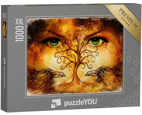 Puzzle 1000 Teile XXL „Weibliche Göttin mit Rabenpaar und Lebensbaumsymbol“ – aus der Puzzle-Kollektion Fantasy