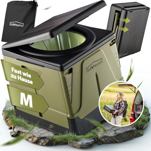 GLAMPmania Campingtoilette ohne Chemie [SEHR STABIL bis 85kg] für Tüten | Platzsparend, Flexibel und Clean | Die Mobile Toilette für Outdoor Camping, Festival, Stau, Zelten | Farbe Wählen (M grün)