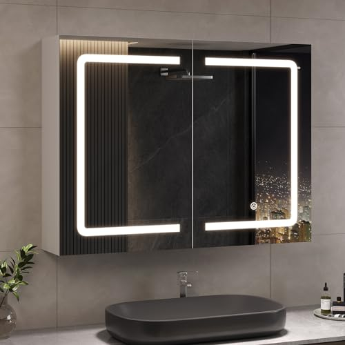 DICTAC Armario de Baño Con Espejo e Iluminación, 80x16x60 cm, Con Enchufe, Puerta Doble, Estante, Interruptor de Sensor Táctil, 80 cm de Ancho
