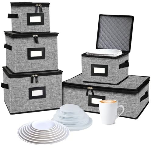 ouruer 5 PACK China Storage Containers-Quilted Mug Storage and Moving Boxes for Dishes,Dish Packing Supplies for Moving,Dinnerware &Accessories,Holds a total of 48 plates (4 sizes) and 12 cups(Grey)