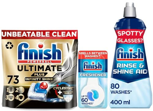 Bundle of Finish Ultimate Plus Infinity Shine Dishwasher 73 Tablets, Bundle 1 Dishwasher Freshener 4ml, 1 x Rinse Aid 400ml