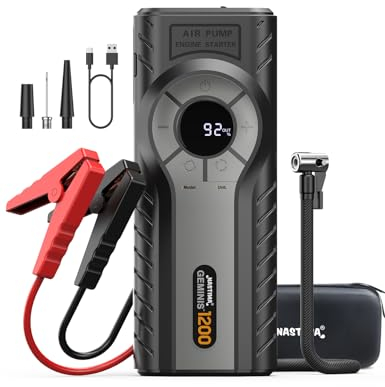 NASTIMA Starthilfe Powerbank mit Kompressor, Hohe Spitzenstrom Jump Starter PowerBank QC18W für 8L Benzin, 6L Diesel Motor, 4 in 1 Jump Starter mit Led-Taschenlampe,Smart Clip Cord,Aufbewahrungstasche