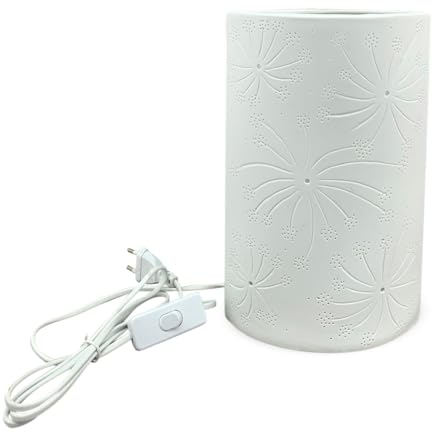 Nachttischlampe weiß mit Kabel Dekolampe für indirektes Licht - Tischleuchte aus Porzellan Ambientebeleuchtung Pusteblume Wohnzimmer, Schlafzimmer Deko - Kleine Lampe 20 cm Landhausstil Tischlampe
