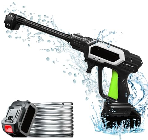 Idropulitrice a Batteria 21V 100Bar Idropulitrice Portatile con Ugello Multifunzione 6 in 1 Idropulitrice Senza Fili con Tubo da 5m per Auto Moto Pulire Giardino Terrazza Prato Irrigazione