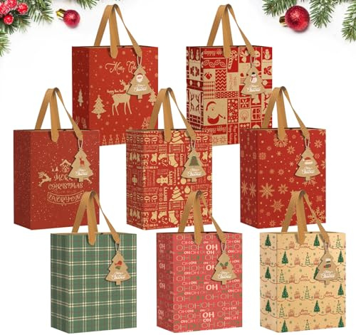24 Stück Geschenktüten Weihnachten, 27x21x11CM Kraftpapier Weihnachtstüten | Natur Groß Weihnachtstüten mit Henkel und Hängeetiketten Wiederverwendbar für Weihnachtsfeier & Partys