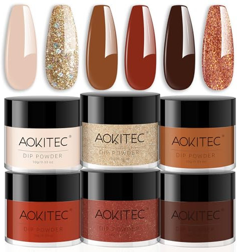 Aokitec 6 Colours Dip Powder, Nail Dipping Powder for Nail Starters, Nail Powder for Dip Nail Art DIY French Nails, Easy to Use, No Nail Lamp Needed, Brown Orange Glitter Colours