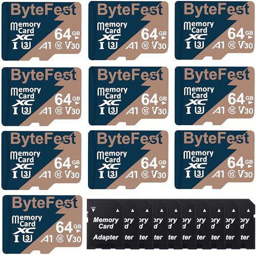 ByteFest 10 Pack Carte Mémoire Mic roSD 64Go avec 10 Adaptateurs, UHS-I U3 C10 V30 4K UHD, TF Card pour Caméras d'action Drone Consoles de Jeux