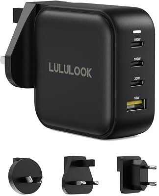 LULULOOK 100W USB C Plug 4-Port GaN Fast Charging Wall Charger Compatible with MacBook Pro/Air, Google Pixelbook, ThinkPad, iPad, iPhone, Dell XPS, Samsung Galaxy, UK/EU/AU Plug Included
