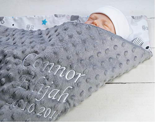 Generisch ★ Babydecke mit Namen und Datum Bestickt ★ Baumwolle ★75x100 cm ★ Füllung ★personalisiert (Grau - Teddybären 2)