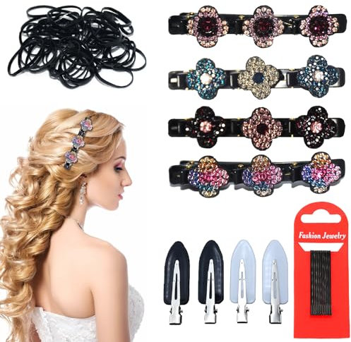 LXBCTOP 4 Stück Glitzernde Kristall-Stein Geflochtene Haarspangen, Haarspange mit Kristallblume, Kolibri Haarspange mit Kristallblume, Geflochtene Strass-Haarspangen für Damen und Mädchen