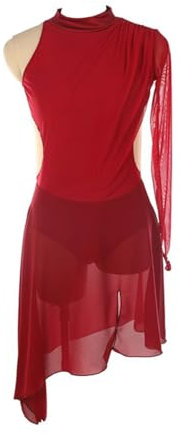 Yaaxinb Damen Eiskunstlauf Kleid Damen Langarm Kürkleid Mit Rollkunstlauf Gymnastik Leotard Turnanzug Tanzkostüm Asymmetrisch Rock Wettbewerb Tanzkostüm,Wine red,S