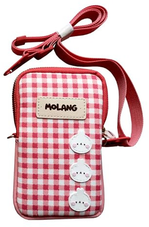 WONDEE Molang Bolso Móvil Niña y Mujer, Bolso Cartera y Móvil Bandolera Kawai con Cremallera y diseño de Cuadros, Regalos Originales para Niñas y Mujeres con gusto Anime