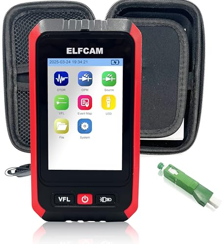 Elfcam - Mini OTDR Monomode 1310nm/1550nm, 22dB/20dB, bis zu 60km, mit Optischem Photometer/Multimeter und VFL, Lieferung mit SC/APC Adapter Stecker auf LC/APC Buchse