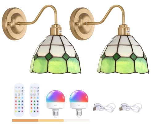 AoLa Retro Wandleuchte Akku Innen Kabellose Wandlampe Dimmbar mit RGB 12 Farben Fernbedienung Wandleuchten Im Tiffany-Stil Aufladbare Nachttischlampe Wand Deko mit Timer, für Wohnzimmer Flur,2 Stück