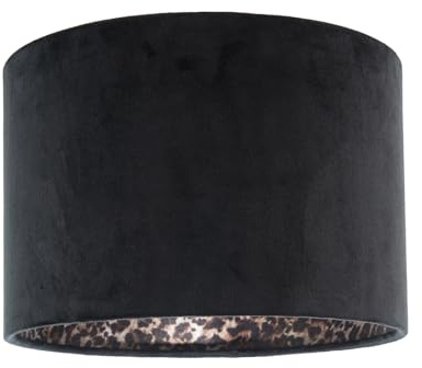 Modern Jet Black Velvet Lamp Shade with Inner Leopard Print Satin Shimmer Lining | 30cm x 20cm | for Lamp Base or Ceiling Pendant by Happy Homewares