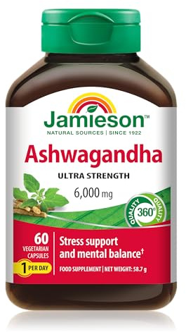 Jamieson Ashwagandha Ultra Strength 6000 mg, 60 Capsules | One-per-day ashwagandha to help improve resistance to stress and support mental balance, memory & learning.