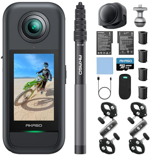 AKASO 360 Camera Motorcycle Combo, 360° Action Camera 128GB microSD Card | with 5.7K 360° Video, 72MP Photo, SuperSmooth Stabilization, Horizon Lock, AI Tracking, Invisible Selfie Stick, Touchscreen