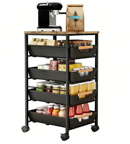 RMNKTHC Carro de cocina con 5 estantes y 4 cajones, ruedas de 360° con 2 frenos, con placa de madera y cestas ventiladas, para almacenar frutas, verduras, microondas en la cocina y el salón (32 x