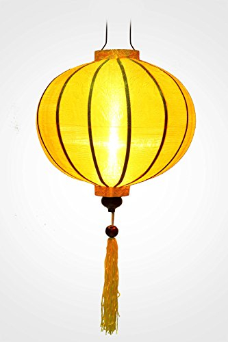 Asiatische Laterne aus gelber Seide, Durchmesser 33 cm – traditioneller Hoi an Lampion aus Stoff, Bambus und Holz, handgefertigt – Handwerk und Dekoration aus Vietnam (R20-J)