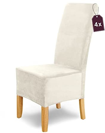 Scheffler Home Stuhlhussen Puma Velano Weiß-Ecru 4er Set – Elastische waschbare Stuhlbezüge aus Samt für Esszimmerstühle und Polsterstühle – Edler Chenille Stuhlüberzug