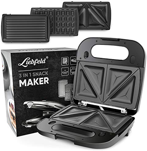 Liebfeld Waffeleisen & Sandwichmaker 3 in 1 Kontaktgrill (750W) - Austauschbare Spülmaschinenfeste Platten - Antihaftbeschichtung - Rezeptbuch, Spatel