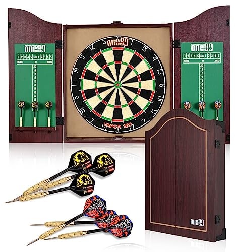 ONE80 Dartschrank Holz, Dartboards mit 6 Steeldart Dartpfeilen Metallspitze, Dartschrank Holz (Black, Standard)