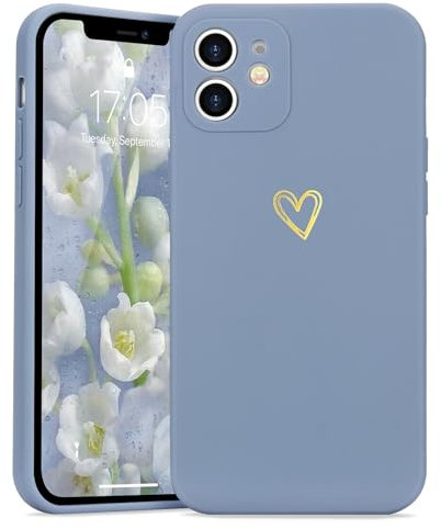 Wirvyuer for iPhone 12 Phone Case with Cute Heart Pattern Soft Shockproof Protective Silicone Case for Women Girls, Blue Grey