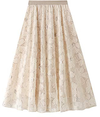 E-girl Damen Plain A-Linie Rock Beige Midi Spitzen Rock,Einheitsgröße,S0357