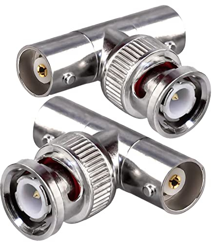 BNC Triple Tee Connector - Male to Dual Female T Shape RF Coaxial Adapter for Coaxial Cable Security CCTV DVR Camera - 3 Way Splitter Combiner 2 Pack