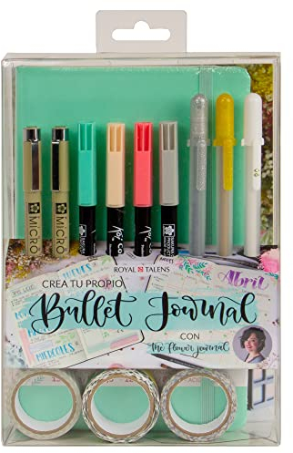 Talens Erstellen Sie Ihr eigenes Bullet Journal (Mintblau) mit The Flower Journal, Punktebuch, 2 Fineliner, 3 Gelstifte, 4 Pinselstifte, 3 Washi-Tapes, Schritt-für-Schritt-Handbuch