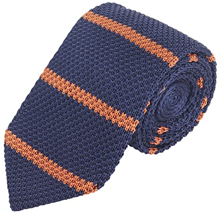 WANYING Herren 7cm / 2,75 Zoll Schmale Strickkrawatte Gestrickte Narrow Krawatte Retro Sporty Casual Büro Basic für Gentleman - Gestreift Dunkelblau Orangebraun