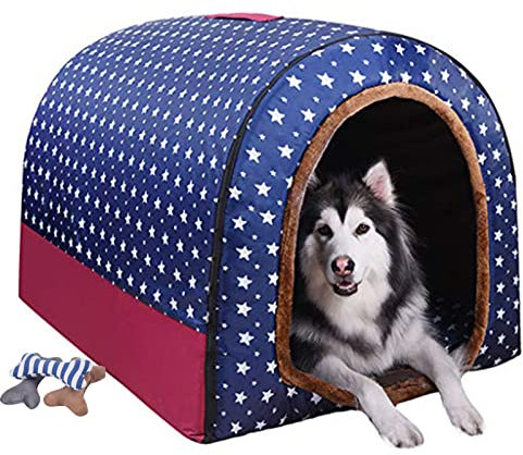Haustierbett, Großer Hund Hundehütte Winter Warm halten Waschbar Innen Luxus Hundehütte Vier Jahreszeiten Hundehöhle Iglu 2 in 1 Hunde Kissen mit Knochenspielzeug,C,105x80x72cm