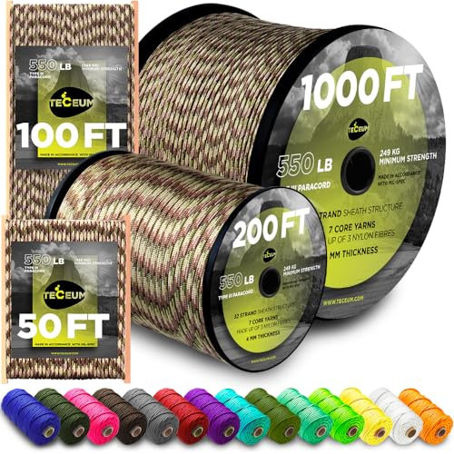 TECEUM Paracord Type III 550 Camo – 60 m – 4mm – Tactical Rope MIL-SPEC – Outdoor Para Cord – Camping Hiking Fishing Gear and Equipment – EDC Parachute Cord – Strong Survival Rope (200ft) 788