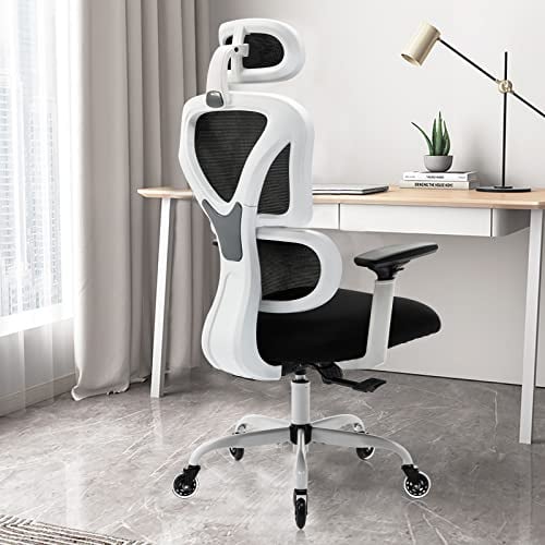 KERDOM Silla de Oficina, Silla de Escritorio Ergonómica, con Reposacabezas Ajustable, Reposabrazos, Soporte Lumbar, Silla Oficina contra el Dolor de Espalda, 150kg/330LB, 9070F Blanco