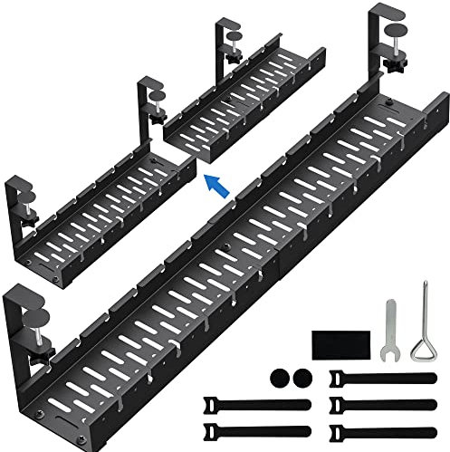 No Drilling Extendable Under Desk Cable Management, Metal Cable Management Tray Under Desk with Clamp, Retractable Power Strip Cord Holder for Wire Management 31Inch(1 Pack Black Extendable 31')