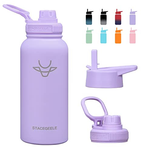 STACEGEELE 32oz Insulated Water Bottle with Straw Lid Reusable Leak Proof Stainless Steel Water Bottles Double Wall Vacuum Insulation 24 Hours Cold and 12 Hours Hot Light Purple