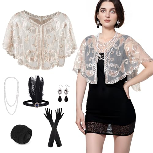 PLULON 10-teiliges 1920er Flapper Great Gatsby Accessoires-Set Fashion Roaring 20's Theme Set mit Stirnband, Kopfbedeckung, langen schwarzen Handschuhen, Halskette, Ohrringen für Frauen (Beige Gold)