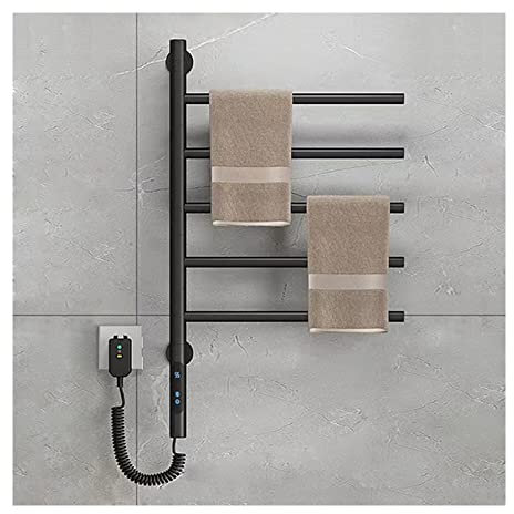 YJSG Electric Heated Towel Rack for Bathroom, Rotation Wall Mounted Towel Warmer, 5 Stainless Steel Bars Drying Rack,Thermostatic Heater Drying for Towel,Plug-in,Black